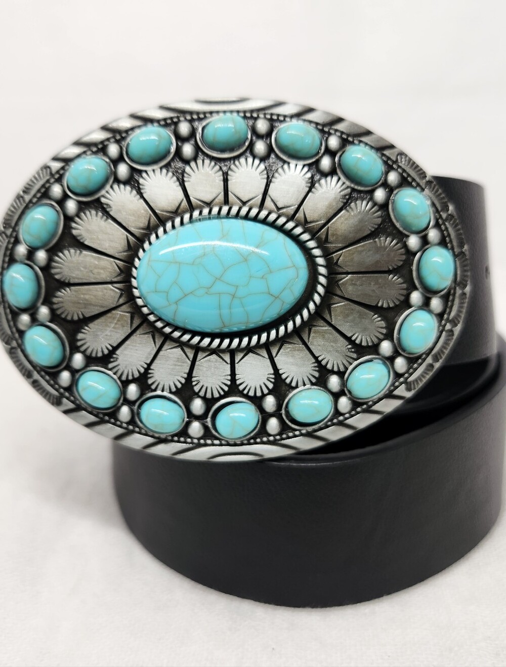 Mens Size 34 Black Faux Leather Turquoise Stone Western Belt